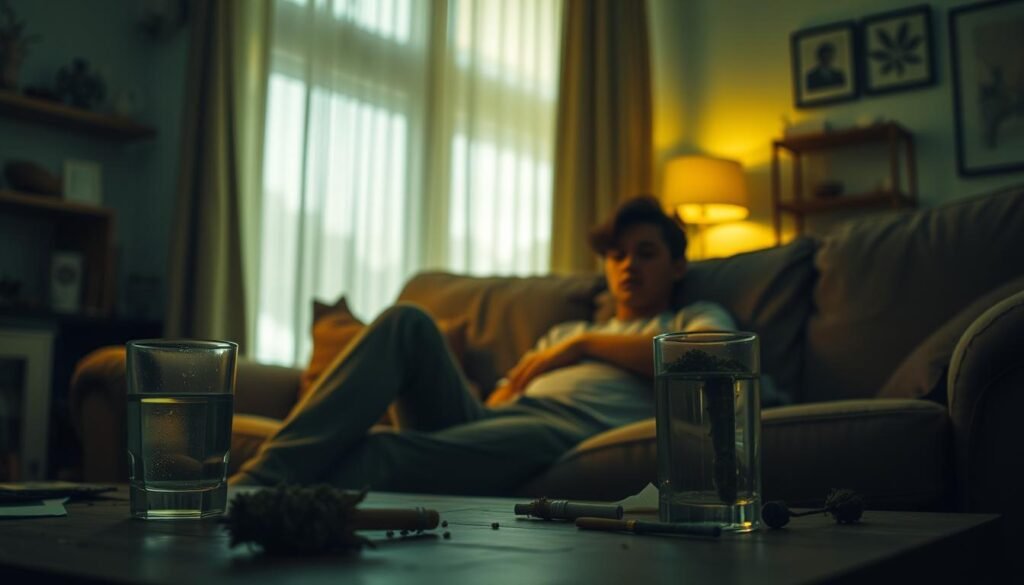 A dimly lit, cozy living room scene with a young adult lounging on a plush sofa, appearing unwell. Subtle hues of green and yellow cast an unsettling glow, creating an uneasy atmosphere. In the foreground, an abandoned cannabis joint and a glass of water sit on a cluttered coffee table, hinting at the cause of the person's discomfort. The middle ground features a large window, partially obscured by sheer curtains, letting in just enough natural light to accentuate the moody tones. The background is blurred, with indistinct shelves and wall art, keeping the focus on the central figure and their cannabis-related issue. A dimly lit, cozy living room scene with a young adult lounging on a plush sofa, appearing unwell. Subtle hues of green and yellow cast an unsettling glow, creating an uneasy atmosphere. In the foreground, an abandoned cannabis joint and a glass of water sit on a cluttered coffee table, hinting at the cause of the person's discomfort. The middle ground features a large window, partially obscured by sheer curtains, letting in just enough natural light to accentuate the moody tones. The background is blurred, with indistinct shelves and wall art, keeping the focus on the central figure and their cannabis-related issue.