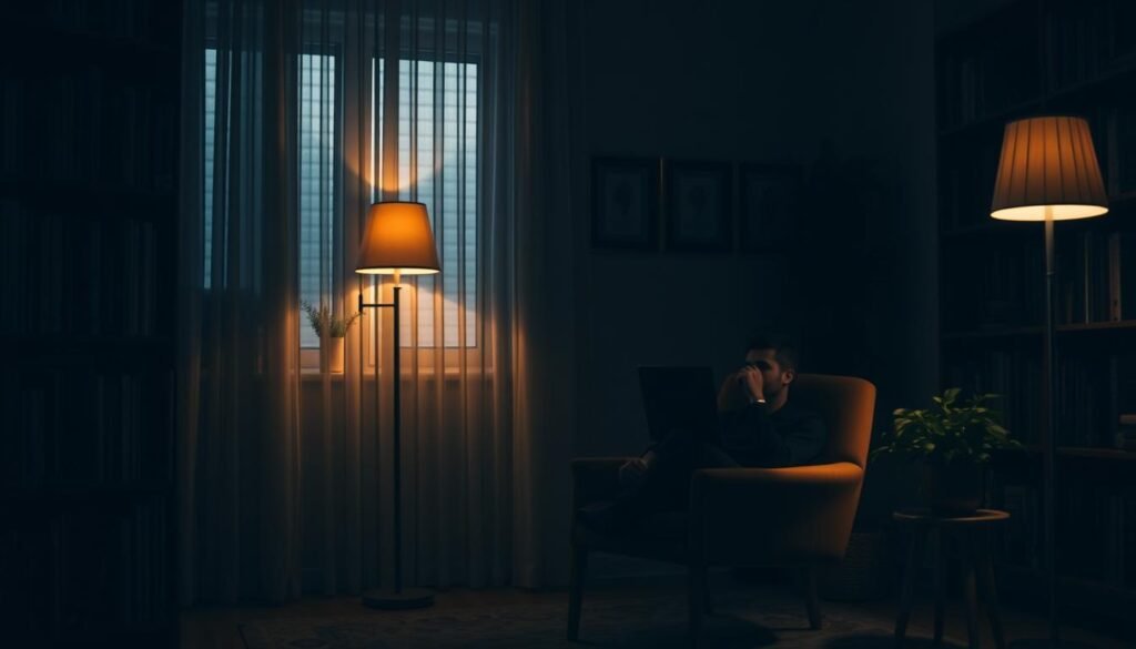 A dimly lit, cozy office setting with a comfortable armchair and side table, surrounded by bookshelves and plants. A person sitting in the chair, deep in contemplation, their face not fully visible. Soft, warm lighting creates a serene, introspective atmosphere, inviting the viewer to imagine the thoughtful process of selecting the right therapist. The scene conveys a sense of trust, empathy, and the importance of finding the right mental health professional to support one's well-being.
