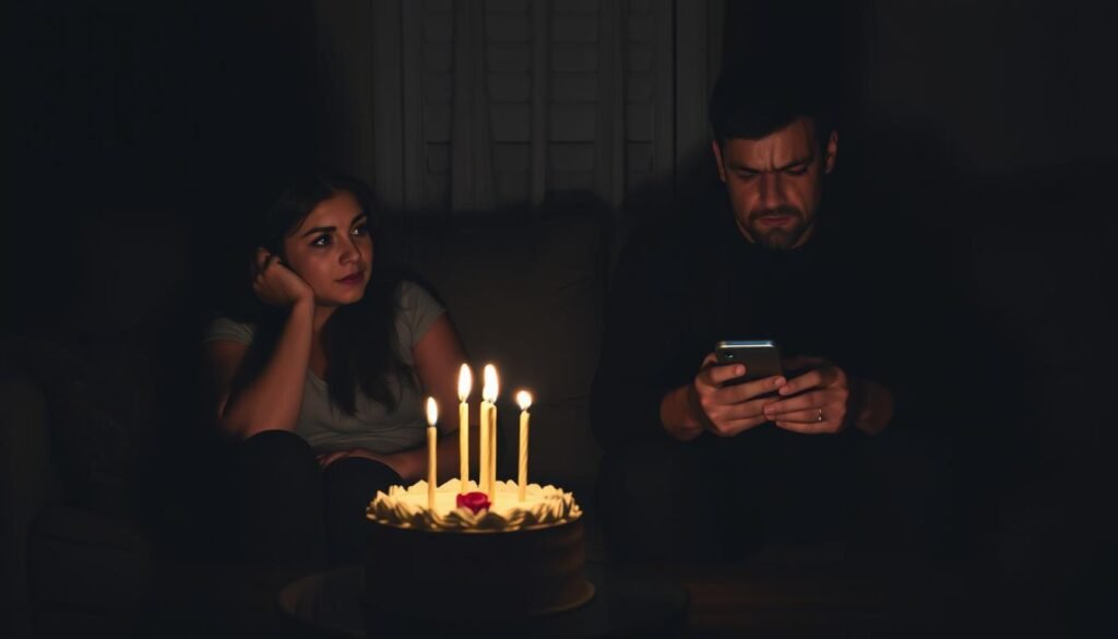 A dimly lit living room, a couple sitting on a couch, visibly distant and distracted. The woman gazes wistfully at an untouched anniversary cake, while the man stares blankly at his phone, oblivious to the occasion. Shadows creep in, creating an atmosphere of disconnect and emotional isolation. Muted tones and hazy lighting suggest a relationship drifting apart, the special moment forgotten and unacknowledged. A sense of missed opportunities and growing disinterest pervades the scene, capturing the essence of avoiding meaningful celebrations in a relationship.