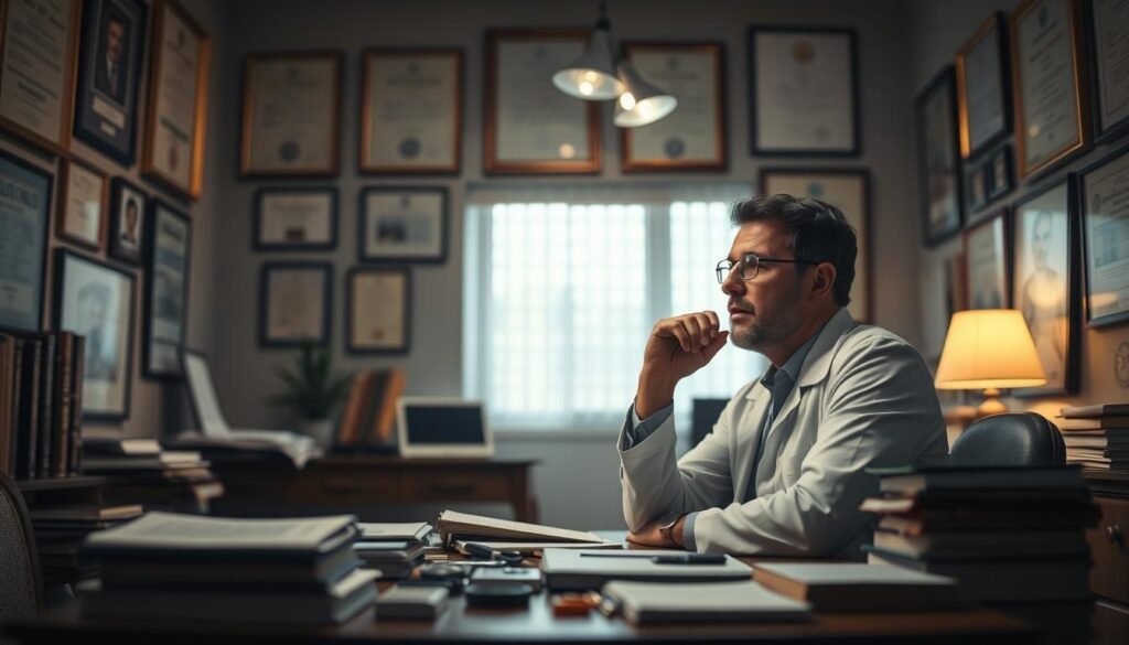 A dimly lit medical office, the walls adorned with diplomas and certificates. In the foreground, a psychiatrist sits at a desk, deep in contemplation, surrounded by books and medical files. Soft, warm lighting casts a thoughtful glow, creating an atmosphere of quiet professionalism. On the desk, various therapeutic tools and techniques are visible, hinting at the comprehensive approach to treating sociopathy. The background is blurred, focusing the viewer's attention on the doctor's thoughtful expression and the tools of their trade. The scene conveys a sense of expertise, empathy, and the complexities involved in addressing this challenging condition.