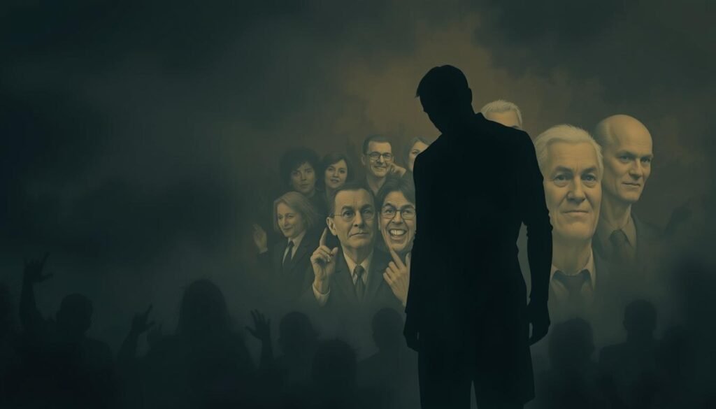 A dimly lit, moody illustration depicting various myths and misconceptions surrounding personality disorders. In the foreground, a hazy, shadowy figure representing the common stereotype of a "psychopath" or "sociopath" - cold, calculating, and devoid of empathy. In the middle ground, a collage of distorted, exaggerated caricatures symbolizing other prevalent myths, such as the belief that all people with personality disorders are violent, unstable, or incapable of change. The background is shrouded in a dreamlike, unsettling atmosphere, with subtle references to the complexity and nuance of these conditions. The scene is rendered with a painterly, digital art style, using a muted, subdued color palette to evoke a sense of unease and uncertainty.