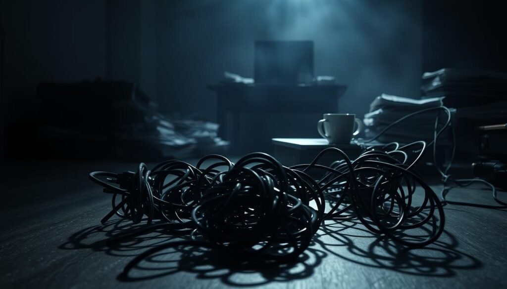 A dimly lit room, heavy shadows cast across the floor. In the foreground, a tangle of knotted cords and cables, tangled and chaotic, representing the physical and mental burdens that contribute to a sense of heaviness. In the middle ground, a cluttered desk with piles of papers, a laptop, and a half-empty coffee mug, signifying the stress and overwhelming workload that can lead to feelings of being weighed down. The background is hazy, with a sense of unease and lack of clarity, mirroring the uncertainty and lack of focus that heaviness can bring. The lighting is moody and dramatic, with pools of light and dark, conveying the complex and multi-faceted nature of the causes of heaviness.