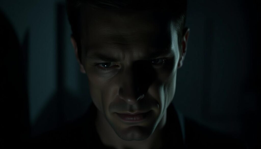 A dimly lit room, shadows cast across a cold, calculating gaze. The subject's expression is eerily detached, their features sharp and unforgiving. The background is blurred, hinting at a sense of isolation and emotional distance. Subtle lighting accentuates the subject's angular jaw and piercing eyes, conveying a chilling, unsettling presence. The overall atmosphere is one of emotional detachment, a lack of empathy, and a predatory, manipulative nature - the hallmarks of a sociopath.