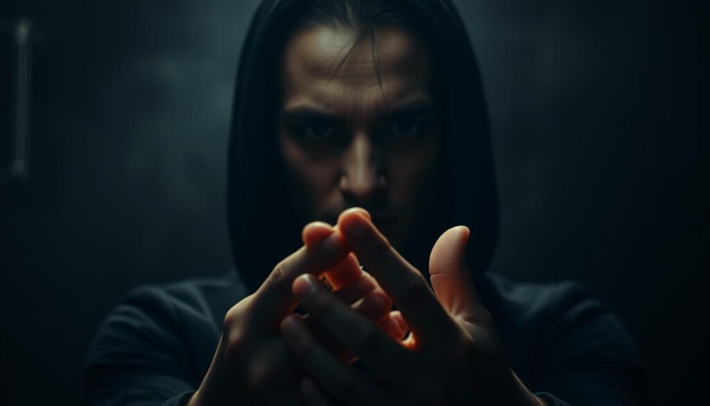 A dimly lit room, shadows cast across a figure's face, conveying a sense of detachment and emotional distance. In the foreground, a pair of hands, fingers intertwined, exuding a calculated, manipulative gesture. The subject's gaze is unwavering, revealing a lack of empathy and a disconnect from genuine emotional connection. Subtle lighting highlights the sharp features, creating an unsettling atmosphere that suggests a predatory nature. The background fades into a hazy, ambiguous space, emphasizing the subject's isolation and ability to blend into their surroundings, a hallmark of the sociopathic personality.