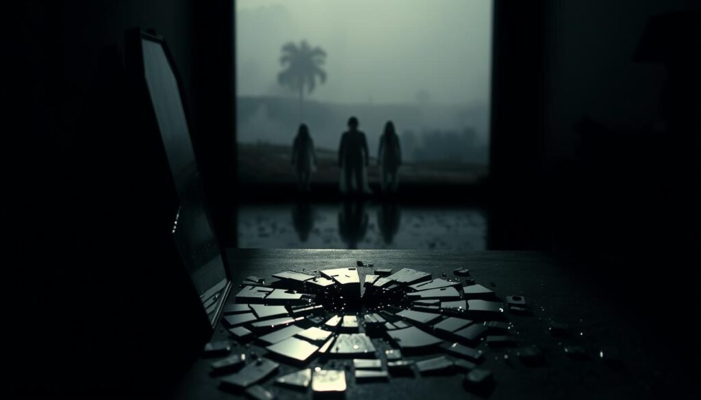 A dimly lit room, shadows cast across a fractured psyche. In the foreground, a shattered mirror reflects the disjointed self, fragments of identity scattered and unseen. Subtle lighting accentuates the disconnection, the edges blurred and the center unclear. In the middle ground, spectral figures linger, ghostly presences that represent the multiple personas struggling for dominance. The background is a hazy, dreamlike landscape, a manifestation of the dissociative mind, where reality and fantasy intertwine. The overall atmosphere is one of unease, a visual representation of the complex and often hidden causes of dissociative identity disorder.