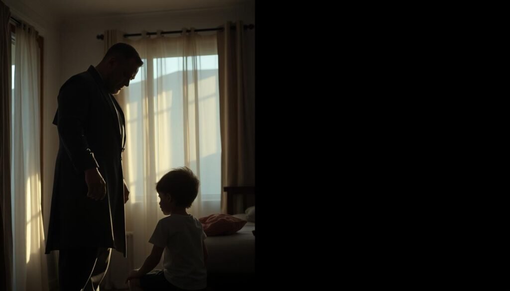 A dimly lit room, two contrasting scenes unfolding side by side. On the left, a stern figure standing over a cowering child, radiating an aura of harsh judgment. On the right, a nurturing adult guiding a child through a constructive, empathetic process. Soft, natural lighting filters in, casting a warm glow on the scene of guidance, while the punitive side remains in shadow. The room's furnishings are simple, allowing the emotional dynamics to take center stage. Subtle visual cues, such as the child's posture and the adult's facial expression, convey the key differences between discipline, rooted in growth and understanding, and punishment, driven by control and fear.