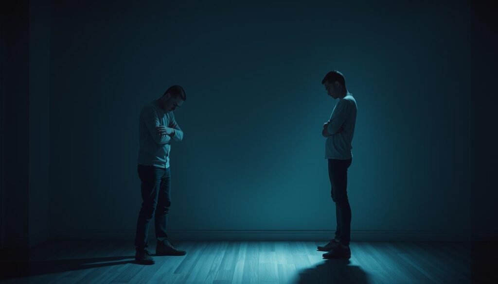 A dimly lit room, two figures stand in contrasting poses - one, tense and fidgeting, the other, outwardly calm but inwardly uneasy. Soft, muted colors set the stage, underscoring the complex emotions at play. The fidgeting figure, their face etched with distress, represents a traditional panic attack, while the seemingly composed individual embodies the silent, internal struggle of a silent panic attack. Subtle lighting casts shadows, creating a sense of depth and emphasizing the duality of the experience. The scene evokes a sense of unease and introspection, inviting the viewer to contemplate the nuanced differences between these two forms of anxiety. A dimly lit room, two figures stand in contrasting poses - one, tense and fidgeting, the other, outwardly calm but inwardly uneasy. Soft, muted colors set the stage, underscoring the complex emotions at play. The fidgeting figure, their face etched with distress, represents a traditional panic attack, while the seemingly composed individual embodies the silent, internal struggle of a silent panic attack. Subtle lighting casts shadows, creating a sense of depth and emphasizing the duality of the experience. The scene evokes a sense of unease and introspection, inviting the viewer to contemplate the nuanced differences between these two forms of anxiety.