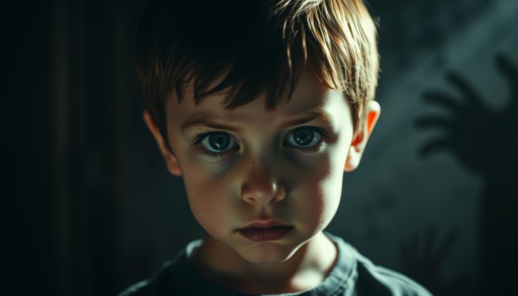 A disturbed child's gaze, their eyes betraying a haunting detachment, as they stand against a backdrop of a dimly lit, unsettling room. Shadows loom, casting an ominous atmosphere. The child's features are sharp, their expression eerily vacant, hinting at a profound lack of empathy. The lighting is dramatic, accentuating the unsettling mood, with a slight film grain effect to heighten the sense of unease. The composition places the child in the center, commanding attention, while the blurred, hazy environment amplifies the sense of psychological discomfort. This image aims to capture the unsettling essence of psychopathy in children, a chilling exploration of the darker aspects of the human condition.