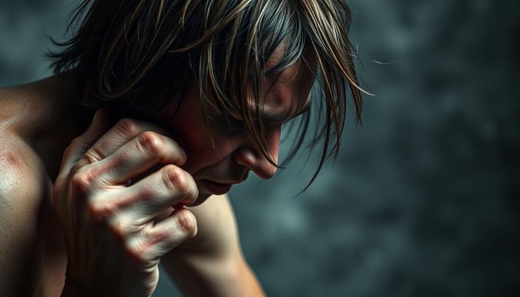 A haggard, disheveled figure hunched over, hands grasping at hair in a desperate attempt to alleviate the mental anguish. Skin reddened and irritated, fingernails bitten to the quick. The background a blurred, dreamlike haze, conveying a sense of dissociation and disconnection from reality. Harsh, directional lighting casts deep shadows, emphasizing the tension and strain of the compulsive behavior. The overall tone is one of distress, anxiety, and a profound sense of unease, reflecting the physical manifestations of an obsessive mental state.