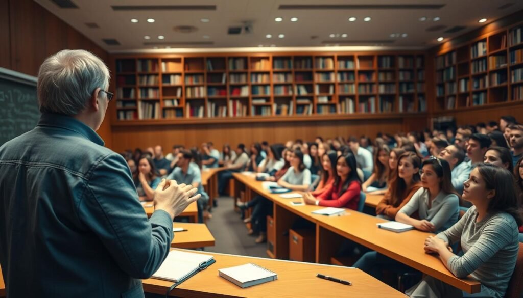 A lecture hall filled with attentive students, their faces illuminated by the soft glow of a chalkboard at the front. In the foreground, a professor stands, gesturing animatedly as they explain a complex concept. The middle ground showcases rows of desks, each adorned with notebooks and pens, a tapestry of learning. The background features a wall of bookshelves, a testament to the wealth of knowledge within. The scene is bathed in a warm, academic atmosphere, conveying the dedicated pursuit of education and training.