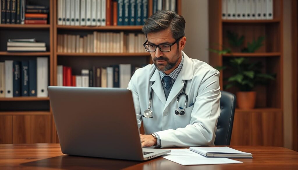 A medical professional sitting at a desk, reviewing state laws and healthcare regulations on a laptop. The desk is well-lit, with a warm, professional atmosphere. In the background, a bookshelf filled with medical references and a potted plant add a touch of sophistication. The psychologist's expression is thoughtful, reflecting the complexity of navigating the intersection of mental health and legal frameworks. The image conveys a sense of diligence and attention to detail, highlighting the importance of understanding the relevant laws and regulations when providing mental healthcare.