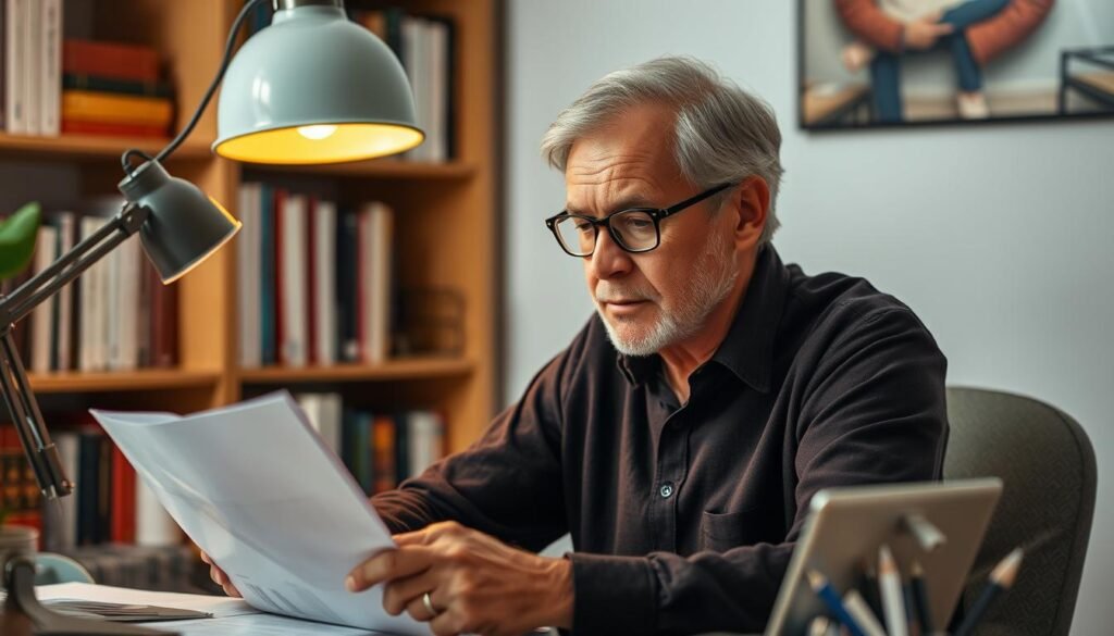 A seasoned mental health professional sits at their desk, thoughtfully reviewing patient files. Warm lighting from a desk lamp creates a cozy, contemplative atmosphere, while a bookshelf in the background suggests years of expertise and knowledge. The psychotherapist's expression is one of empathy and focus, reflecting the care and attention they bring to their practice. The scene conveys the important role these specialists play in supporting mental wellness, guiding patients through challenges with wisdom and compassion.