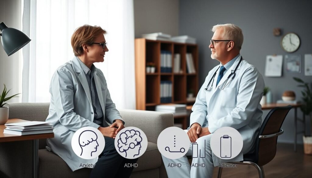 A serene clinical setting with a psychologist and a psychiatrist in conversation, surrounded by symbols of their respective fields - books, charts, a couch, and a desk. The lighting is soft and inviting, creating a sense of trust and understanding. In the foreground, various mental health conditions are depicted through subtle visual cues, such as anxiety, depression, ADHD, and addiction. The overall atmosphere conveys the collaborative nature of their work in addressing the diverse range of human experiences and challenges.