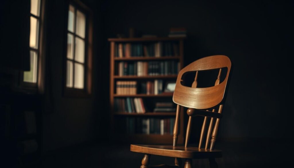 A serene, dimly lit room with a wooden chair in the foreground, conveying a sense of contemplation and introspection. In the middle ground, a bookshelf with volumes on child-rearing and psychology, hinting at the intellectual underpinnings of discipline and punishment. The background is blurred, but a window can be seen, suggesting a connection to the outside world and the broader context of parenting. The lighting is soft and warm, creating a contemplative atmosphere. The overall scene evokes a thoughtful, nuanced exploration of the concepts of discipline and punishment.
