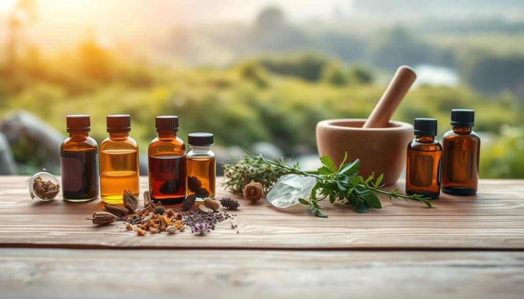 A serene, minimalist still life composition showcasing a variety of natural remedies for discomfort. In the foreground, an arrangement of herbal tinctures, dried flowers, and essential oil bottles are delicately placed on a smooth, wooden surface, bathed in soft, natural lighting. The middle ground features a mortar and pestle, a bundle of fresh herbs, and a few soothing crystals, creating a sense of balance and harmony. In the background, a hazy, out-of-focus landscape with lush greenery and a tranquil stream, evoking a calming, nature-inspired atmosphere. The overall mood is one of simplicity, wellness, and the restorative power of natural remedies.