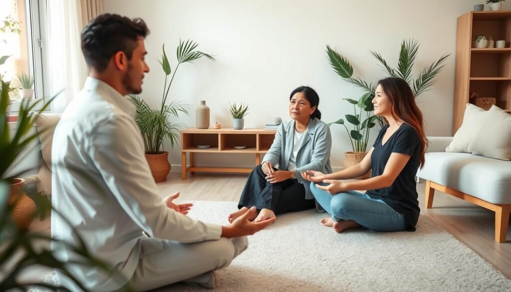 A serene, therapeutic environment with a therapist guiding a patient through a grounding exercise. The therapist, dressed in professional attire, sits calmly across from the patient, who is in a relaxed, open posture. The background features soothing natural elements like plants, soft lighting, and neutral-toned decor, conveying a sense of safety and comfort. The scene is captured through a wide-angle lens, emphasizing the collaborative, interpersonal nature of the therapeutic intervention. The overall mood is one of tranquility and focus, reflecting the process of preventing the fragmentation of identity.