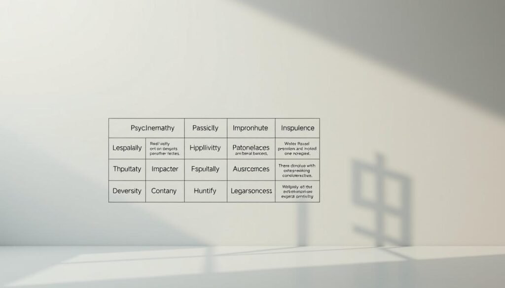 A sleek, minimalist infographic layout showcasing the diagnostic criteria for psychopathy. In the foreground, a grid of clinical terms and behavioral descriptors such as "lack of empathy", "impulsivity", and "manipulative behavior" hover against a muted, monochromatic background. Lighting is clean and directional, casting subtle shadows that add depth and visual interest. The overall mood is analytical and clinical, reflecting the seriousness of the subject matter. The composition is balanced and orderly, with a sense of visual hierarchy that guides the viewer's eye. Technical details such as a shallow depth of field and a slight wide-angle lens perspective create an immersive, almost three-dimensional feel to the image.