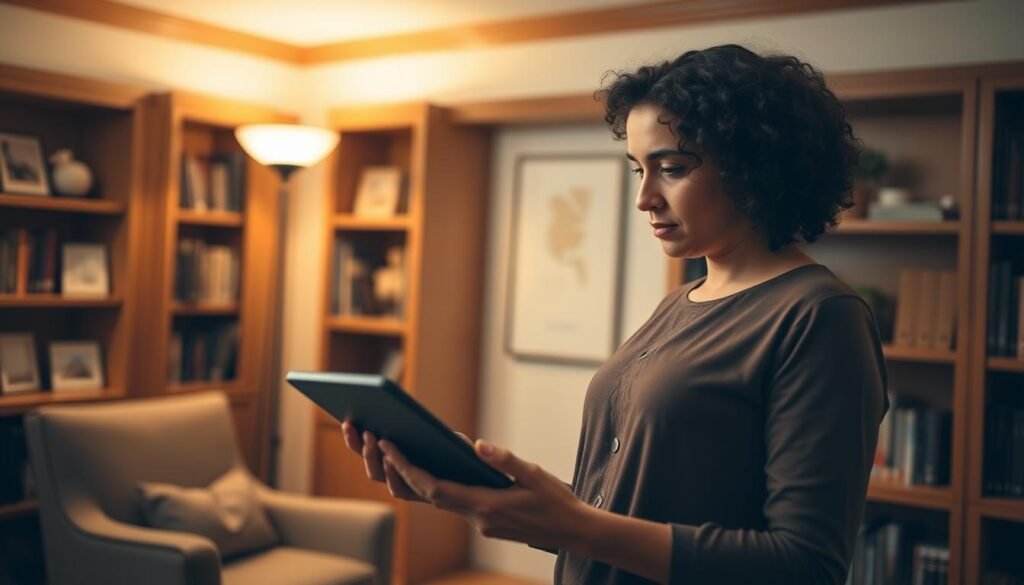A thoughtful person standing in a cozy, well-lit office, examining a list of psychiatrist profiles on a tablet. The office has warm wooden accents, bookshelves, and a comfortable armchair. The person's expression conveys careful consideration as they compare credentials, specialties, and patient reviews, seeking the right mental health professional to address their unique needs. Soft, directional lighting from a floor lamp casts a gentle glow, creating an atmosphere of introspection and trust. The background is blurred, focusing the viewer's attention on the decision-making process.