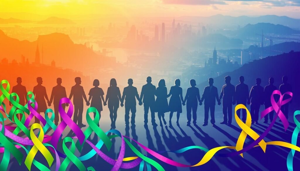 A vibrant tapestry of colors representing the global unity in suicide prevention. In the foreground, a spectrum of ribbons and symbols in hues of green, purple, teal, and yellow intertwine, symbolizing the interconnectedness of mental health advocacy worldwide. The middle ground features silhouettes of people holding hands, casting long shadows that create a sense of community and solidarity. In the background, a dreamy, soft-focus landscape of stylized landscapes and cityscapes from diverse regions, bathed in a warm, hopeful glow. The overall composition conveys a message of global collaboration, empowerment, and a shared commitment to supporting those struggling with mental health challenges.