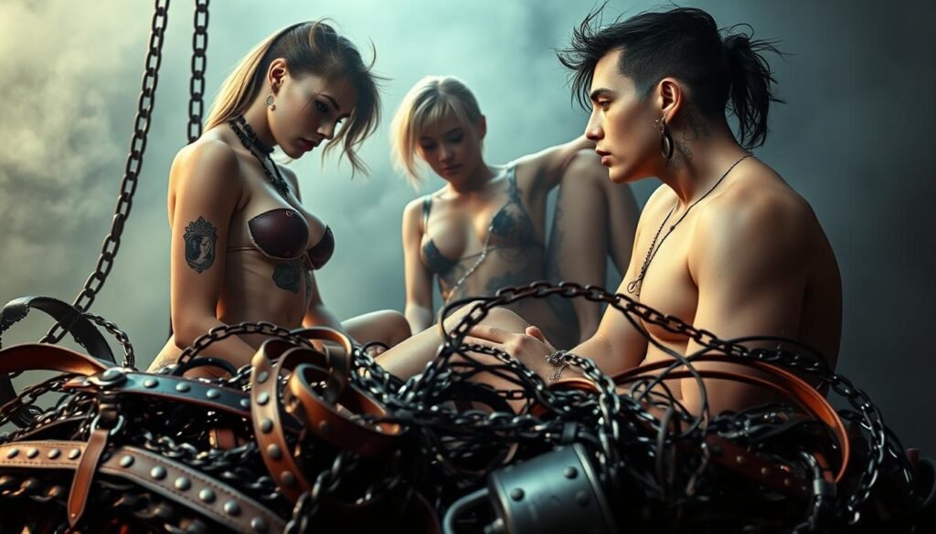 A visually striking scene depicting the intertwined nature of kinks and fetishes. In the foreground, a tangled web of leather, chains, and sensual implements symbolizes the overlap between these erotic interests. The middle ground features androgynous figures in provocative poses, their bodies adorned with intricate body modifications and piercings. The background is shrouded in a hazy, atmospheric lighting, creating an air of mystery and allure. The overall composition conveys a sense of intimacy, exploration, and the blurred boundaries between different forms of sexual expression. A visually striking scene depicting the intertwined nature of kinks and fetishes. In the foreground, a tangled web of leather, chains, and sensual implements symbolizes the overlap between these erotic interests. The middle ground features androgynous figures in provocative poses, their bodies adorned with intricate body modifications and piercings. The background is shrouded in a hazy, atmospheric lighting, creating an air of mystery and allure. The overall composition conveys a sense of intimacy, exploration, and the blurred boundaries between different forms of sexual expression.