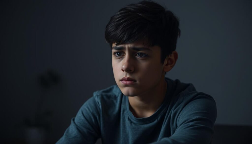 A young person sitting in a dimly lit room, their face expressing a range of emotions from sadness to anxiety. The background is a muted, hazy palette, conveying a sense of mental and emotional turmoil. Soft, diffused lighting illuminates the subject, creating a pensive, introspective atmosphere. The composition is balanced, with the figure occupying the central focus, surrounded by a subtle, dreamlike environment that reflects the inner turmoil of mental health challenges and their impact on emotional well-being.