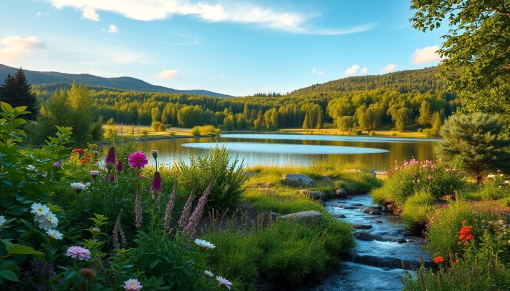 Serene landscape, a vibrant garden in the foreground with lush greenery, blooming flowers, and a flowing stream. In the middle ground, a tranquil pond reflects the azure sky above, surrounded by a lush forest canopy. The background features rolling hills, with a warm, golden light casting a peaceful glow over the entire scene. The composition is balanced, with elements of nature working in harmony to convey a sense of emotional well-being and inner calm. Soft, diffused lighting creates a soothing, ambient atmosphere, inviting the viewer to pause, reflect, and embrace the beauty of emotional health and wellness.
