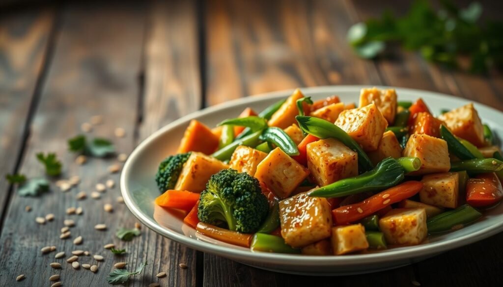 A beautifully lit and composed image of a savory tofu stir-fry dish, served on a rustic wooden table. In the foreground, a large plate showcases the vibrant medley of crisp vegetables - vibrant green broccoli florets, crunchy carrots, and tender snow peas, all coated in a rich, glistening sauce. The tofu cubes, lightly browned, are artfully arranged among the vegetables. Framing the plate, a scattering of toasted sesame seeds and fresh cilantro sprigs add depth and texture. Soft, diffused lighting casts a warm, inviting glow over the scene, creating an atmosphere of nourishment and wellness. The overall impression is one of a healthy, satisfying meal that perfectly encapsulates the "Completing the Reset" theme.