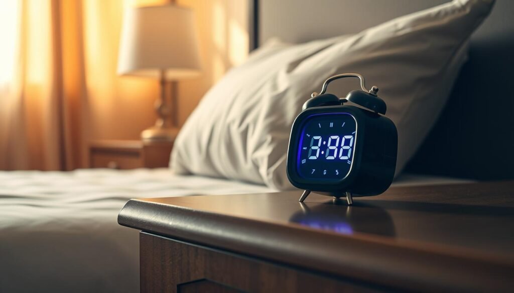 A bedside table with a vibrant digital alarm clock, prominently displayed, sitting a comfortable distance from the plush, invitingly made bed. The room is bathed in warm, natural lighting, creating a calm and serene atmosphere. The angle is slightly elevated, giving a bird's-eye view of the scene, emphasizing the strategic placement of the alarm clock. The image conveys the idea of intentionally situating the alarm clock away from immediate reach, encouraging the viewer to physically get up and start their day. A bedside table with a vibrant digital alarm clock, prominently displayed, sitting a comfortable distance from the plush, invitingly made bed. The room is bathed in warm, natural lighting, creating a calm and serene atmosphere. The angle is slightly elevated, giving a bird's-eye view of the scene, emphasizing the strategic placement of the alarm clock. The image conveys the idea of intentionally situating the alarm clock away from immediate reach, encouraging the viewer to physically get up and start their day.