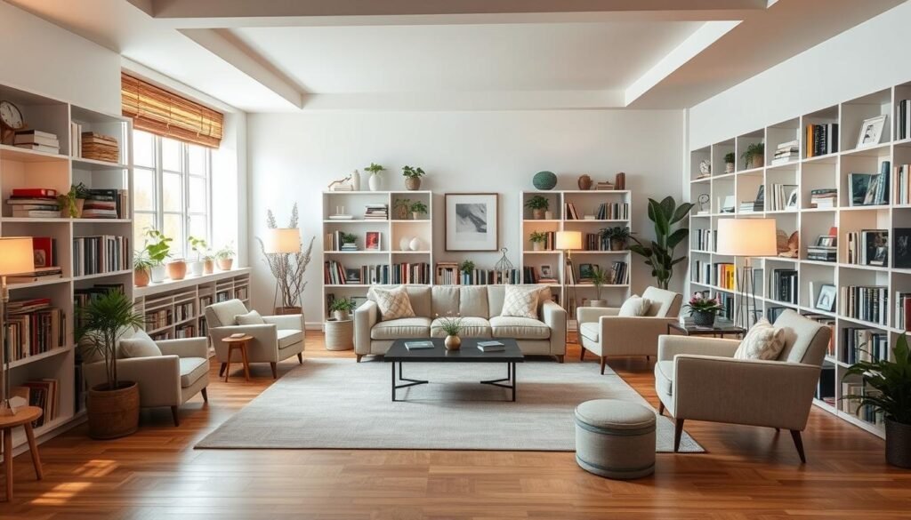 A bright, airy living room with natural light streaming in through large windows. Organized bookshelves line the walls, filled with a curated collection of books, decorative items, and potted plants. In the center, a cozy seating area with a plush sofa and armchairs arranged around a minimalist coffee table, creating a cozy and inviting atmosphere. The floor is covered in a neutral-toned rug, adding warmth and texture to the space. Soft, diffused lighting from table lamps and floor lamps casts a warm glow, highlighting the clean, modern decor. The overall aesthetic is one of simplicity, functionality, and a sense of calm and order.