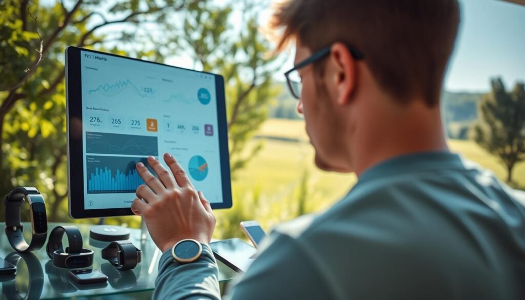A bright, airy scene depicting the benefits of health tracking. In the foreground, a person reviewing detailed charts and graphs on a sleek, high-resolution digital display, immersed in the wealth of insightful data. The middle ground shows an array of fitness trackers, smartwatches, and mobile devices, each capturing a unique aspect of the user's well-being. In the background, a serene natural landscape with sunlight filtering through lush greenery, conveying a sense of balance and overall wellness. The lighting is soft and diffused, creating a calming, inspirational atmosphere. Composition utilizes a shallow depth of field to focus attention on the central elements. Lens choice produces a slightly wide, panoramic view to encompass the interconnected aspects of health tracking. A bright, airy scene depicting the benefits of health tracking. In the foreground, a person reviewing detailed charts and graphs on a sleek, high-resolution digital display, immersed in the wealth of insightful data. The middle ground shows an array of fitness trackers, smartwatches, and mobile devices, each capturing a unique aspect of the user's well-being. In the background, a serene natural landscape with sunlight filtering through lush greenery, conveying a sense of balance and overall wellness. The lighting is soft and diffused, creating a calming, inspirational atmosphere. Composition utilizes a shallow depth of field to focus attention on the central elements. Lens choice produces a slightly wide, panoramic view to encompass the interconnected aspects of health tracking.