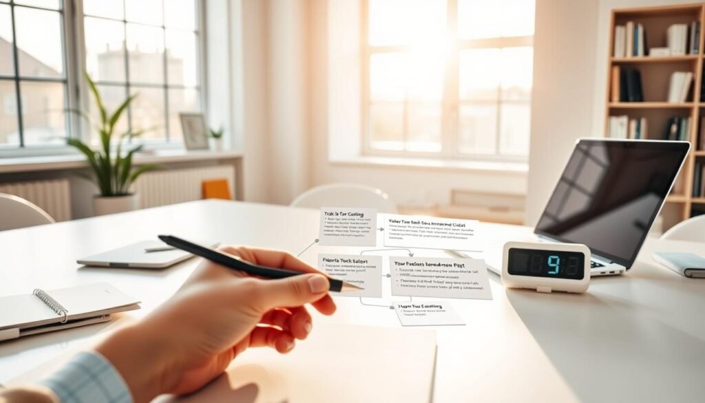 A bright and airy workspace with a clean desk, a laptop, and a Pomodoro timer. In the foreground, a hand holds a pen, ready to take notes. The middle ground features a series of interconnected task cards, each with its own subtasks, visually breaking down a complex project. Warm natural light filters in through large windows, creating a sense of focus and productivity. The background showcases a minimalist bookshelf, hinting at the knowledge and resources available to the user. The overall atmosphere is one of organized efficiency, where the Pomodoro technique is applied to tackle even the most daunting challenges.