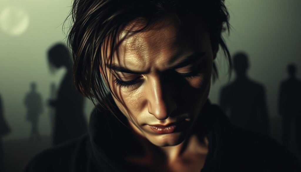 A brooding, introspective portrait of a person consumed by self-harm. The subject's face is partially obscured, their gaze downcast, conveying a sense of isolation and emotional turmoil. The background is a muted, monochromatic palette, emphasizing the subject's internal struggle. Shadowy figures in the distance suggest the weight of societal pressures or a sense of disconnection from the world. Soft, dramatic lighting casts dramatic shadows, evoking the individual's inner darkness. The overall atmosphere is one of melancholy, vulnerability, and the heavy burden of self-destructive tendencies. A brooding, introspective portrait of a person consumed by self-harm. The subject's face is partially obscured, their gaze downcast, conveying a sense of isolation and emotional turmoil. The background is a muted, monochromatic palette, emphasizing the subject's internal struggle. Shadowy figures in the distance suggest the weight of societal pressures or a sense of disconnection from the world. Soft, dramatic lighting casts dramatic shadows, evoking the individual's inner darkness. The overall atmosphere is one of melancholy, vulnerability, and the heavy burden of self-destructive tendencies.