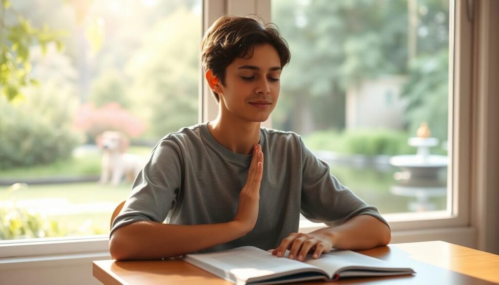 A calm and focused student sitting at a desk, gently taking deep breaths and practicing mindfulness techniques to manage pre-exam stress and anxiety. Warm, natural lighting filters through a window, creating a soothing atmosphere. In the background, a serene nature scene with lush greenery and a calming water feature provides a sense of tranquility. The overall composition conveys a sense of inner peace and emotional control, effectively illustrating the importance of stress management before an important test. A calm and focused student sitting at a desk, gently taking deep breaths and practicing mindfulness techniques to manage pre-exam stress and anxiety. Warm, natural lighting filters through a window, creating a soothing atmosphere. In the background, a serene nature scene with lush greenery and a calming water feature provides a sense of tranquility. The overall composition conveys a sense of inner peace and emotional control, effectively illustrating the importance of stress management before an important test.