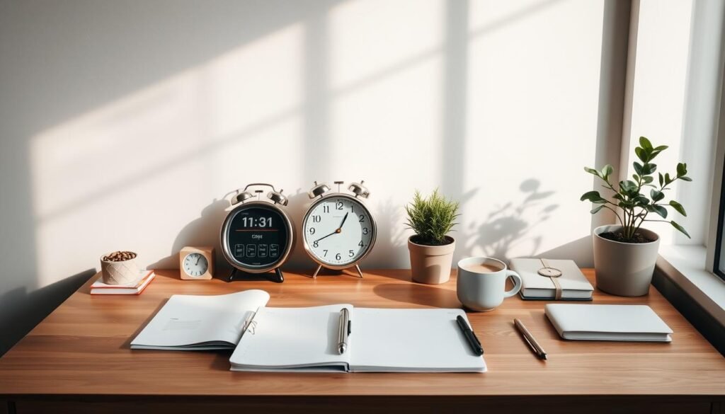 A calm, serene study space with a wooden desk, planner, and various stationery items. Indirect natural lighting filters through a nearby window, casting soft shadows. Minimalist decor creates a focused, organized atmosphere. A digital clock and analog timepiece provide visual cues for time management. A potted plant and a mug of hot beverage add touches of tranquility. The overall scene conveys a sense of productivity, discipline, and a thoughtful approach to managing one's time and priorities. A calm, serene study space with a wooden desk, planner, and various stationery items. Indirect natural lighting filters through a nearby window, casting soft shadows. Minimalist decor creates a focused, organized atmosphere. A digital clock and analog timepiece provide visual cues for time management. A potted plant and a mug of hot beverage add touches of tranquility. The overall scene conveys a sense of productivity, discipline, and a thoughtful approach to managing one's time and priorities.
