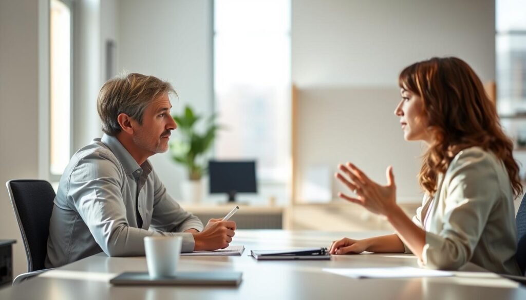 A calm, well-lit office setting with a desk, two people sitting across from each other, engaged in an active listening conversation. The foreground features the two people, one leaning forward attentively, the other nodding and making eye contact. The middle ground showcases thoughtful gestures, such as the listener taking notes and the speaker using expressive hand motions. The background is blurred, emphasizing the focus on the active listening interaction. Soft, natural lighting creates a warm, welcoming atmosphere. The scene conveys a sense of productive, respectful communication. A calm, well-lit office setting with a desk, two people sitting across from each other, engaged in an active listening conversation. The foreground features the two people, one leaning forward attentively, the other nodding and making eye contact. The middle ground showcases thoughtful gestures, such as the listener taking notes and the speaker using expressive hand motions. The background is blurred, emphasizing the focus on the active listening interaction. Soft, natural lighting creates a warm, welcoming atmosphere. The scene conveys a sense of productive, respectful communication.