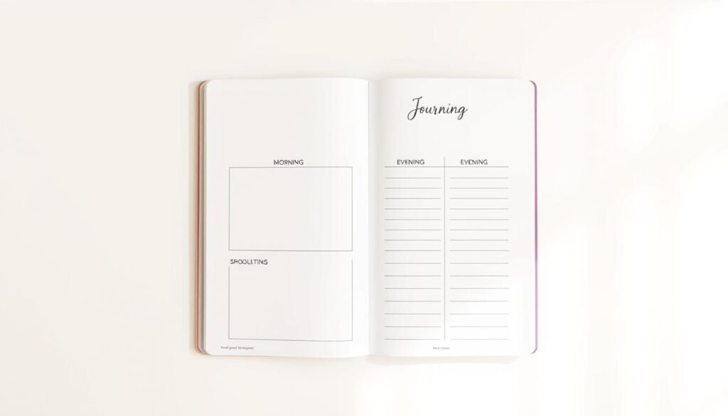 A clean, minimalist journal page layout with a warm, inviting atmosphere. Positioned in the center, a simple yet elegant daily planner template with designated sections for morning and evening routines. The design features a neutral color palette, soft lighting, and a subtle texture that evokes a sense of productivity and organization. The page is framed by a simple border, creating a balanced and cohesive composition. Crisp, legible typography complements the overall aesthetic, making the template easy to read and use. The layout seamlessly blends form and function, capturing the essence of a 5-minute journal in a visually appealing manner. A clean, minimalist journal page layout with a warm, inviting atmosphere. Positioned in the center, a simple yet elegant daily planner template with designated sections for morning and evening routines. The design features a neutral color palette, soft lighting, and a subtle texture that evokes a sense of productivity and organization. The page is framed by a simple border, creating a balanced and cohesive composition. Crisp, legible typography complements the overall aesthetic, making the template easy to read and use. The layout seamlessly blends form and function, capturing the essence of a 5-minute journal in a visually appealing manner.
