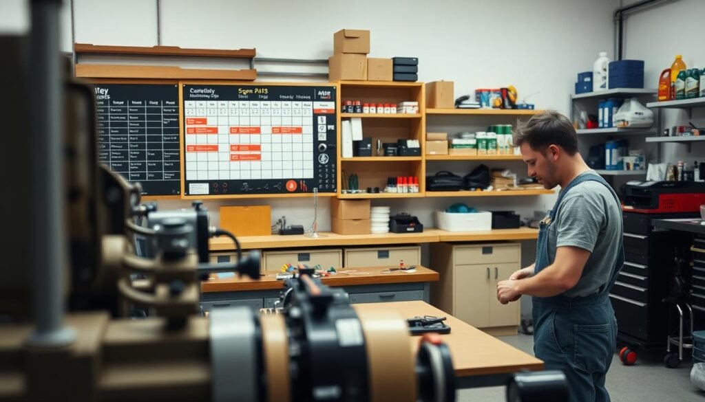 A clean, well-lit workshop with various tools and equipment neatly organized on workbenches. In the foreground, a worker in overalls carefully inspecting a piece of machinery, using a wrench to make adjustments. The middle ground features a schedule board with checklists and maintenance logs, highlighting the routines and procedures that keep the equipment running smoothly. In the background, shelves stocked with spare parts and lubricants, conveying a sense of preparedness and attention to detail. The overall atmosphere is one of quiet focus, efficiency, and a commitment to continuous improvement.