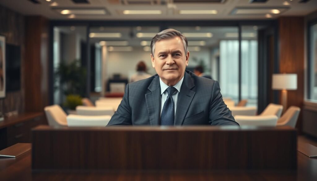 A corporate office setting with an imposing, authoritative desk in the foreground. A middle-aged leader, dressed in a sharp suit, sits behind the desk, exuding a calm, confident demeanor. The background is a blurred, modern workspace, with sleek furniture and minimalist decor, conveying a sense of professionalism and control. Soft, directional lighting illuminates the leader's face, highlighting their poise and gravitas. The scene evokes a atmosphere of responsible, ethical leadership, guiding and shaping the organization.