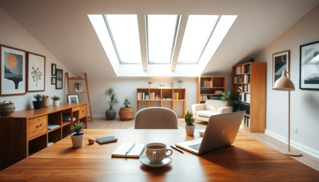 A cozy and focused study space, with a large wooden desk positioned beneath a skylight that bathes the room in warm, natural light. On the desk, a laptop, a notebook, and a cup of steaming coffee sit neatly arranged, surrounded by small potted plants and a few carefully selected work-related items. The walls are adorned with minimalist artwork, creating a calming and inspiring atmosphere. In the background, a bookshelf filled with reference materials and a comfortable armchair suggest a space designed for deep, uninterrupted work. The overall scene conveys a sense of productivity, creativity, and a dedication to deep, focused exploration of ideas.