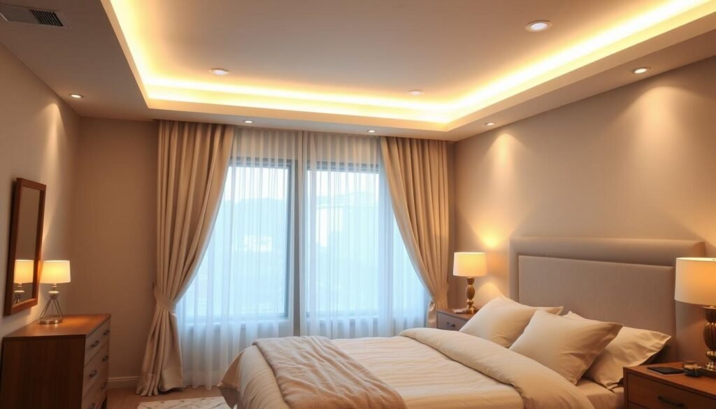 A cozy and well-lit bedroom with soft, diffused lighting from recessed ceiling fixtures, creating a warm and inviting ambiance. The light illuminates a neutral color palette, featuring natural wood furniture and soft, plush bedding. Large windows with sheer curtains allow natural light to filter in, creating a calming, tranquil atmosphere. Carefully placed task lighting, such as bedside lamps, provide additional illumination for reading or relaxation. The overall lighting design aims to promote relaxation and quality sleep, with a focus on minimizing harsh shadows and glare. A cozy and well-lit bedroom with soft, diffused lighting from recessed ceiling fixtures, creating a warm and inviting ambiance. The light illuminates a neutral color palette, featuring natural wood furniture and soft, plush bedding. Large windows with sheer curtains allow natural light to filter in, creating a calming, tranquil atmosphere. Carefully placed task lighting, such as bedside lamps, provide additional illumination for reading or relaxation. The overall lighting design aims to promote relaxation and quality sleep, with a focus on minimizing harsh shadows and glare.