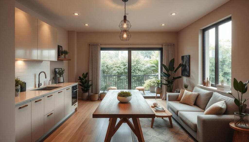 A cozy and well-organized kitchen and living room in a modern, warm-toned interior. The kitchen features clean, minimalist cabinets, a sleek stone countertop, and a pendant light over a wooden dining table. The living room has a plush, neutral-colored sofa, a low coffee table, and a large window overlooking a lush garden. The lighting is soft and indirect, creating a soothing, inviting atmosphere. Potted plants and carefully curated decor elements add natural touches throughout the space. The overall layout is efficient and visually harmonious, reflecting a sense of calm and mindfulness.