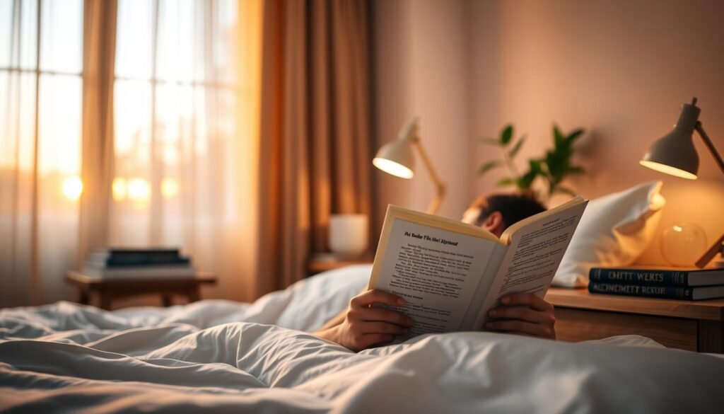 A cozy bedroom at dusk, with warm golden light filtering through sheer curtains. In the foreground, a person reclines comfortably in bed, an open book in their hands, their gaze transfixed on the page. The background features a nightstand with a reading lamp, a stack of books, and a potted plant, creating a serene and inviting atmosphere. The composition is framed by a soft, blurred window, hinting at the peaceful outdoors beyond. The mood is one of calm contemplation, as the reader savors the simple pleasure of immersing themselves in the written word before drifting off to sleep. A cozy bedroom at dusk, with warm golden light filtering through sheer curtains. In the foreground, a person reclines comfortably in bed, an open book in their hands, their gaze transfixed on the page. The background features a nightstand with a reading lamp, a stack of books, and a potted plant, creating a serene and inviting atmosphere. The composition is framed by a soft, blurred window, hinting at the peaceful outdoors beyond. The mood is one of calm contemplation, as the reader savors the simple pleasure of immersing themselves in the written word before drifting off to sleep.