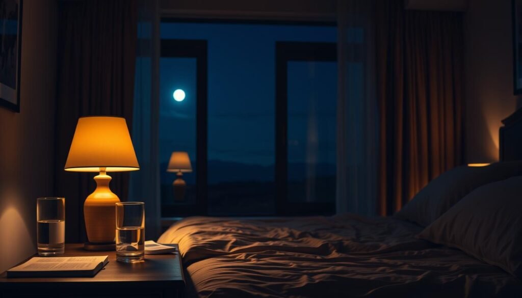 A cozy bedroom scene, dimly lit with warm, soft lighting. In the foreground, a bedside table with a reading lamp, a glass of water, and a book. In the middle ground, a comfortable-looking bed with plush bedding and pillows, inviting the viewer to sink in and unwind. In the background, a window overlooking a tranquil nightscape, with the moon and stars visible through the curtains. The atmosphere is calming and serene, evoking a sense of relaxation and preparation for a restful night's sleep. A cozy bedroom scene, dimly lit with warm, soft lighting. In the foreground, a bedside table with a reading lamp, a glass of water, and a book. In the middle ground, a comfortable-looking bed with plush bedding and pillows, inviting the viewer to sink in and unwind. In the background, a window overlooking a tranquil nightscape, with the moon and stars visible through the curtains. The atmosphere is calming and serene, evoking a sense of relaxation and preparation for a restful night's sleep.