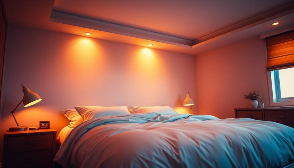 A cozy bedroom with warm, ambient lighting that gradually dims, creating a soothing, sleep-inducing atmosphere. The room is bathed in a soft, amber glow, with strategically placed lamps and recessed lighting that casts gentle shadows. The bedding is plush and inviting, and the window treatments block out any harsh external light, allowing for a restful, uninterrupted sleep. The overall scene conveys a sense of tranquility and comfort, perfectly suited for winding down and preparing the mind and body for a peaceful night's rest. A cozy bedroom with warm, ambient lighting that gradually dims, creating a soothing, sleep-inducing atmosphere. The room is bathed in a soft, amber glow, with strategically placed lamps and recessed lighting that casts gentle shadows. The bedding is plush and inviting, and the window treatments block out any harsh external light, allowing for a restful, uninterrupted sleep. The overall scene conveys a sense of tranquility and comfort, perfectly suited for winding down and preparing the mind and body for a peaceful night's rest.