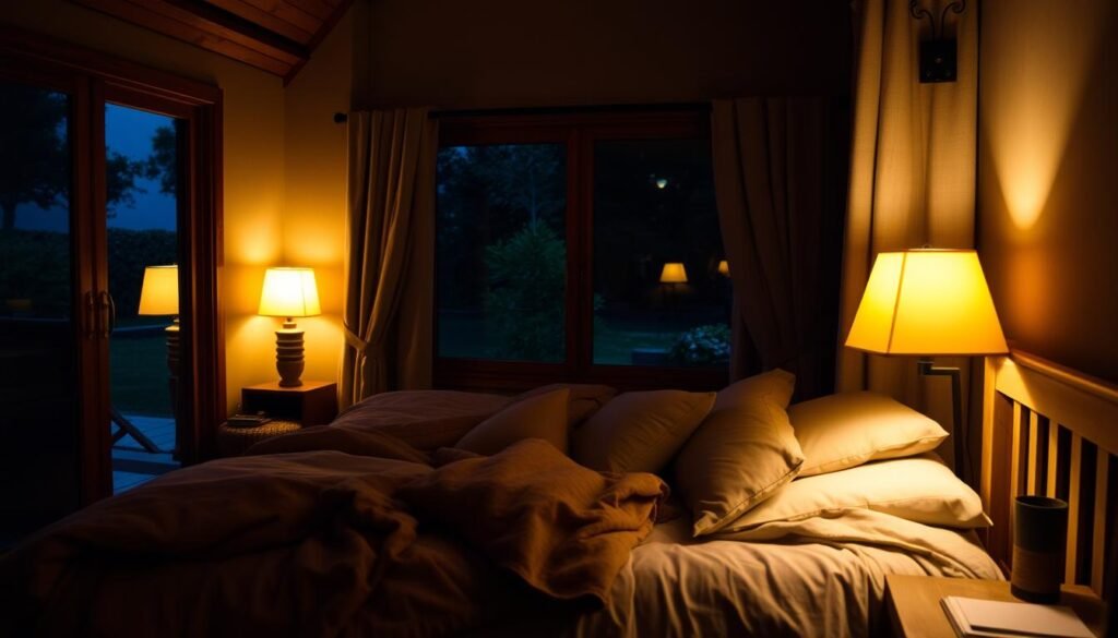 A cozy, dimly lit bedroom with warm, soft lighting. Plush bedding in muted earth tones, inviting pillows, and a nightstand with a reading lamp. Wooden furniture and accents create a serene, natural ambiance. The window frames a tranquil outdoor scene, perhaps a garden or a starry night sky. The overall atmosphere exudes relaxation, comfort, and an environment conducive to restful, rejuvenating sleep.