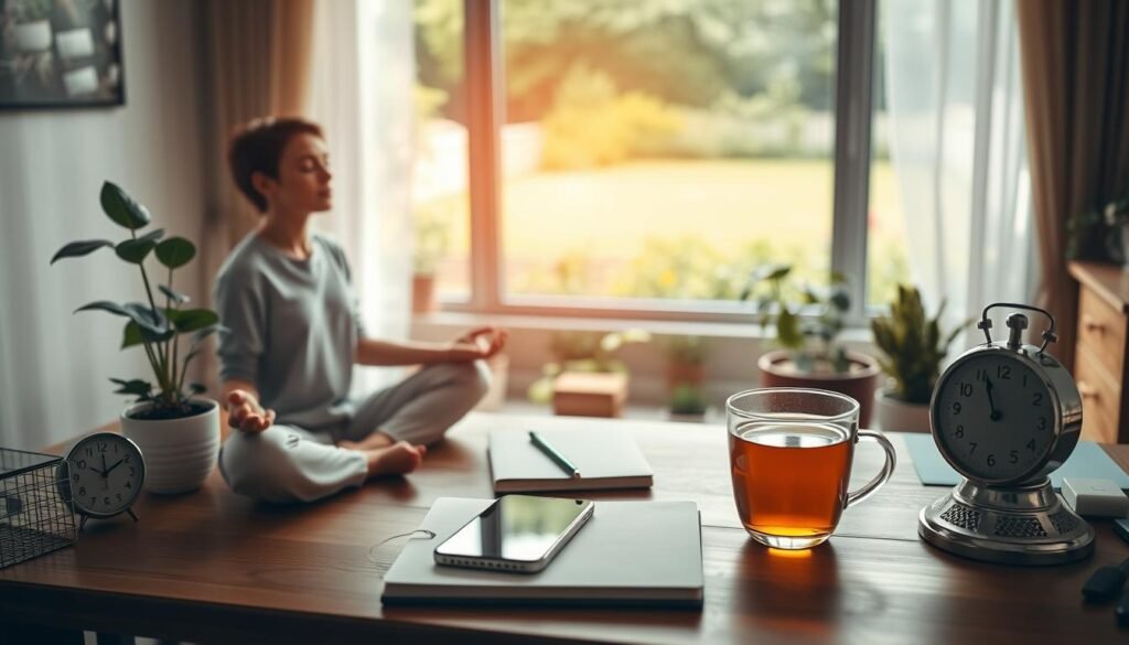 A cozy home office setting with a wooden desk, a potted plant, and a retro-style analog clock. In the foreground, a person meditating in a lotus position, eyes closed, practicing mindfulness. The middle ground features a smartphone, a notebook, and a cup of herbal tea, symbolizing a digital detox. The background showcases a large window overlooking a serene garden, with warm, diffused natural lighting filtering through. The overall atmosphere is calming, peaceful, and promotes a sense of digital well-being.
