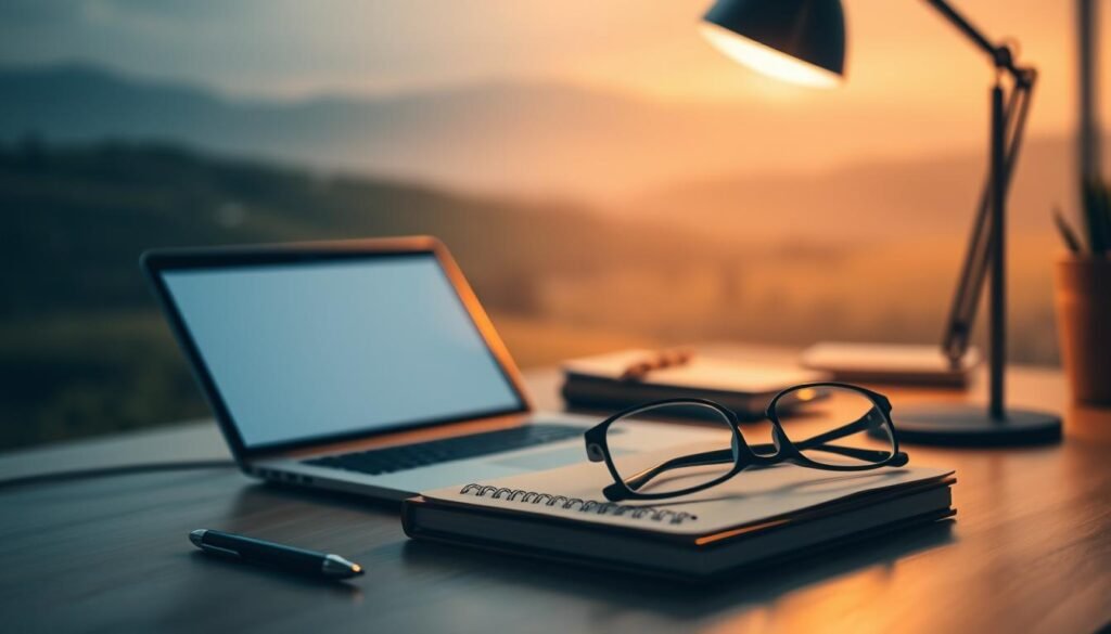 A cozy home office setup with a laptop, notepad, and a pair of glasses on a wooden desk. Soft, warm lighting from a desk lamp illuminates the workspace, creating a focused and productive atmosphere. The background features a soothing abstract landscape, blurred to draw attention to the desk and its tools. The overall scene conveys a sense of calm, concentration, and the ideal environment for personal focus time.