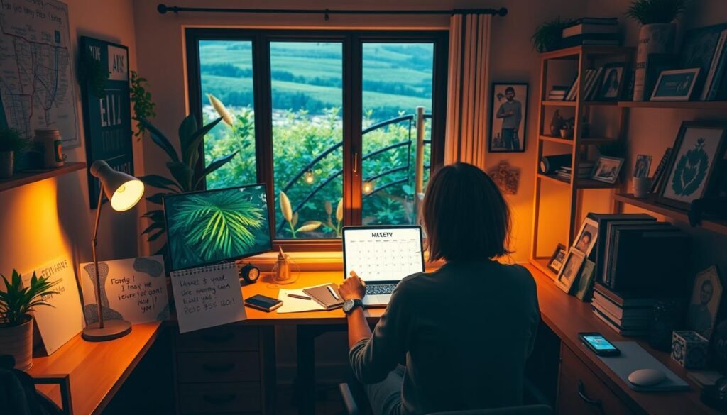 A cozy home office with a wooden desk, shelves, and plants, illuminated by warm, ambient lighting. In the foreground, a person sits at the desk, surrounded by supportive items - a motivational note, a calendar tracking their goals, and a smartphone with reminders. The middle ground shows a window overlooking a vibrant, green landscape, symbolizing the growth and progress the person is working towards. In the background, family photos and personal mementos create a sense of connection and encouragement. The overall atmosphere conveys a harmonious balance between focus, accountability, and a nurturing support system. A cozy home office with a wooden desk, shelves, and plants, illuminated by warm, ambient lighting. In the foreground, a person sits at the desk, surrounded by supportive items - a motivational note, a calendar tracking their goals, and a smartphone with reminders. The middle ground shows a window overlooking a vibrant, green landscape, symbolizing the growth and progress the person is working towards. In the background, family photos and personal mementos create a sense of connection and encouragement. The overall atmosphere conveys a harmonious balance between focus, accountability, and a nurturing support system.