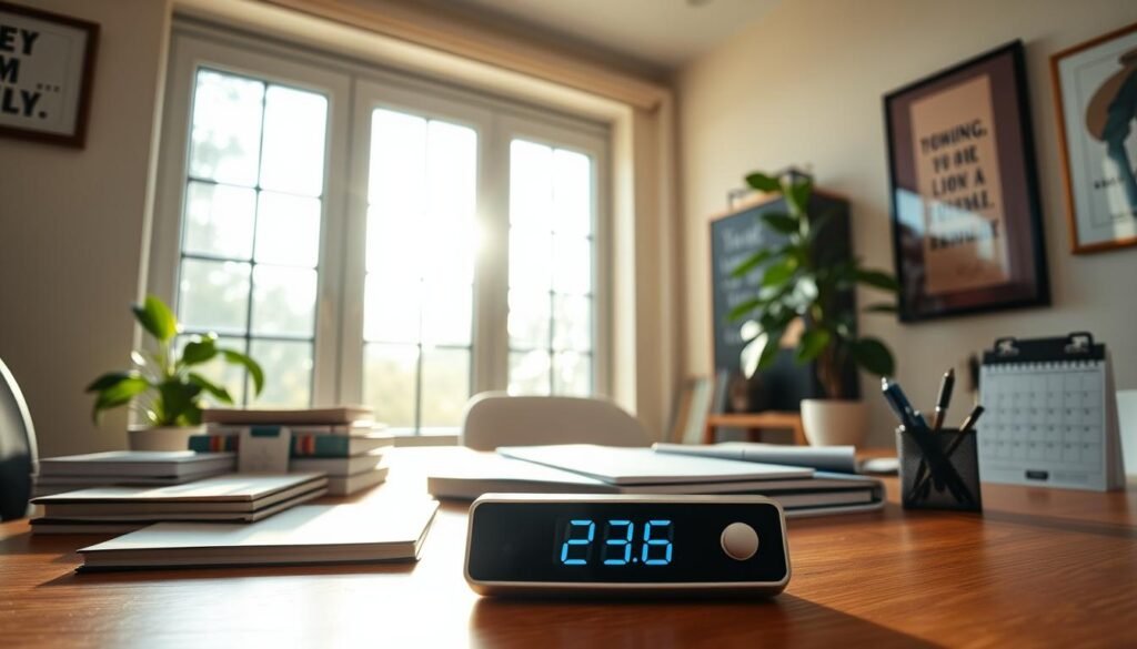 A cozy home office with natural light streaming through large windows, casting a warm glow on a neatly organized desk. In the foreground, a timer on the desk displays the Pomodoro cycle, 25 minutes of focused work followed by a 5-minute break. Surrounding the desk are various productivity tools - a stack of notebooks, a pen holder, a minimalist calendar, and a plant adding a touch of greenery. The atmosphere is calming and conducive to deep work, with the walls adorned with inspiring artwork. The angle showcases the desk from a slightly elevated perspective, creating a sense of order and efficiency. A cozy home office with natural light streaming through large windows, casting a warm glow on a neatly organized desk. In the foreground, a timer on the desk displays the Pomodoro cycle, 25 minutes of focused work followed by a 5-minute break. Surrounding the desk are various productivity tools - a stack of notebooks, a pen holder, a minimalist calendar, and a plant adding a touch of greenery. The atmosphere is calming and conducive to deep work, with the walls adorned with inspiring artwork. The angle showcases the desk from a slightly elevated perspective, creating a sense of order and efficiency.