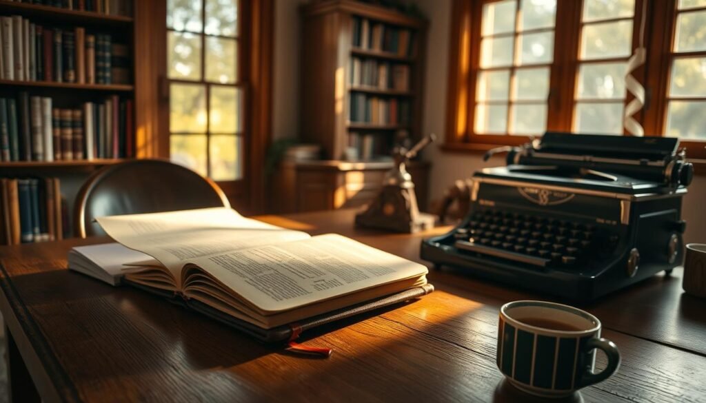 A cozy home study, bathed in warm, natural light filtering through a large window. On a wooden desk, a leather-bound journal lies open, its pages inviting a writer's reflection. Nearby, a vintage typewriter stands at the ready, its keys gleaming. Bookshelves line the walls, their spines hinting at worlds of knowledge and inspiration. A steaming mug of tea or coffee sits within reach, a simple yet essential companion to the daily writing ritual. The atmosphere is one of focused productivity and quiet contemplation, encouraging the viewer to make writing a cherished habit.